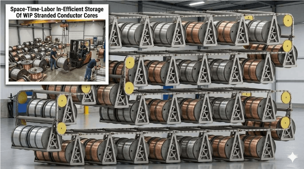Vertical Carousels For Space-Time-Labor-Damage Efficient Vertical Storage Of WIP Stranded Conductor Cores In Cables-Wires Manufacturing Plants